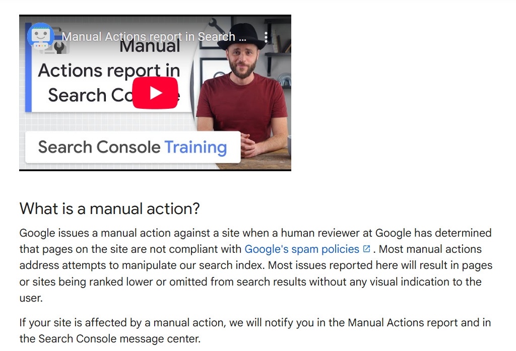 Manual Actions Page in Search Console Help
