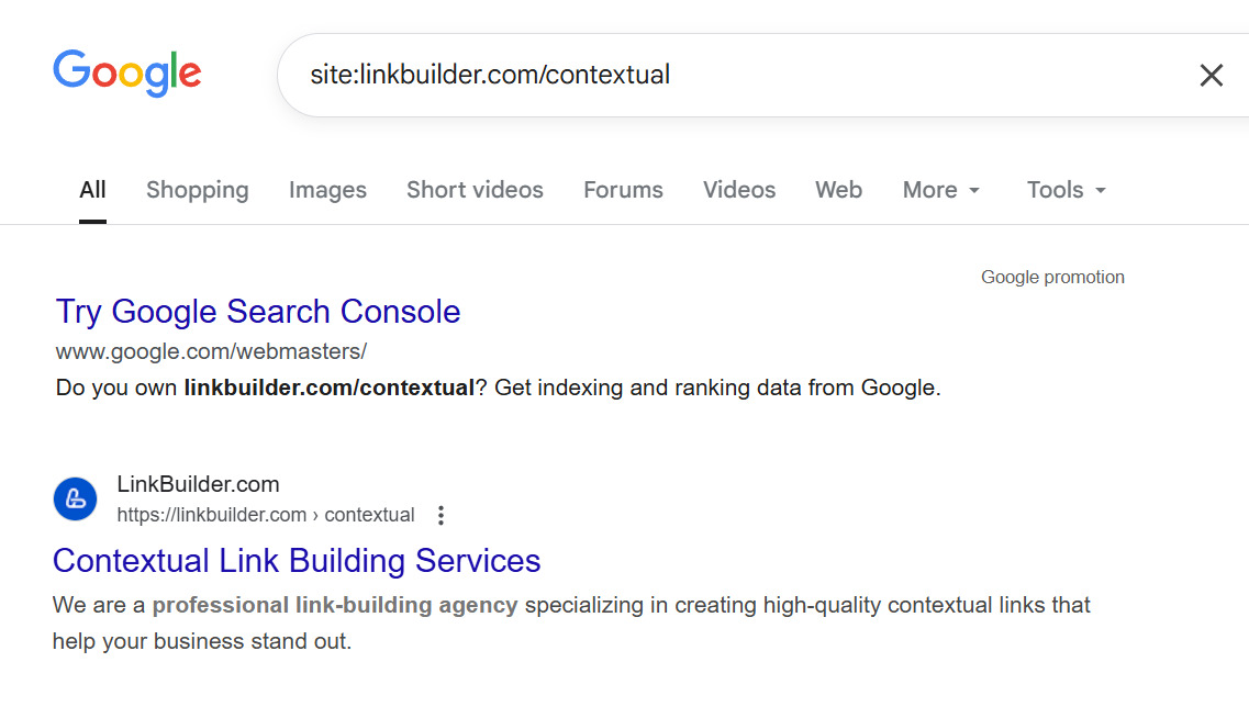 Выдача Google по запросу «site:linkbuilder.com/contextual»