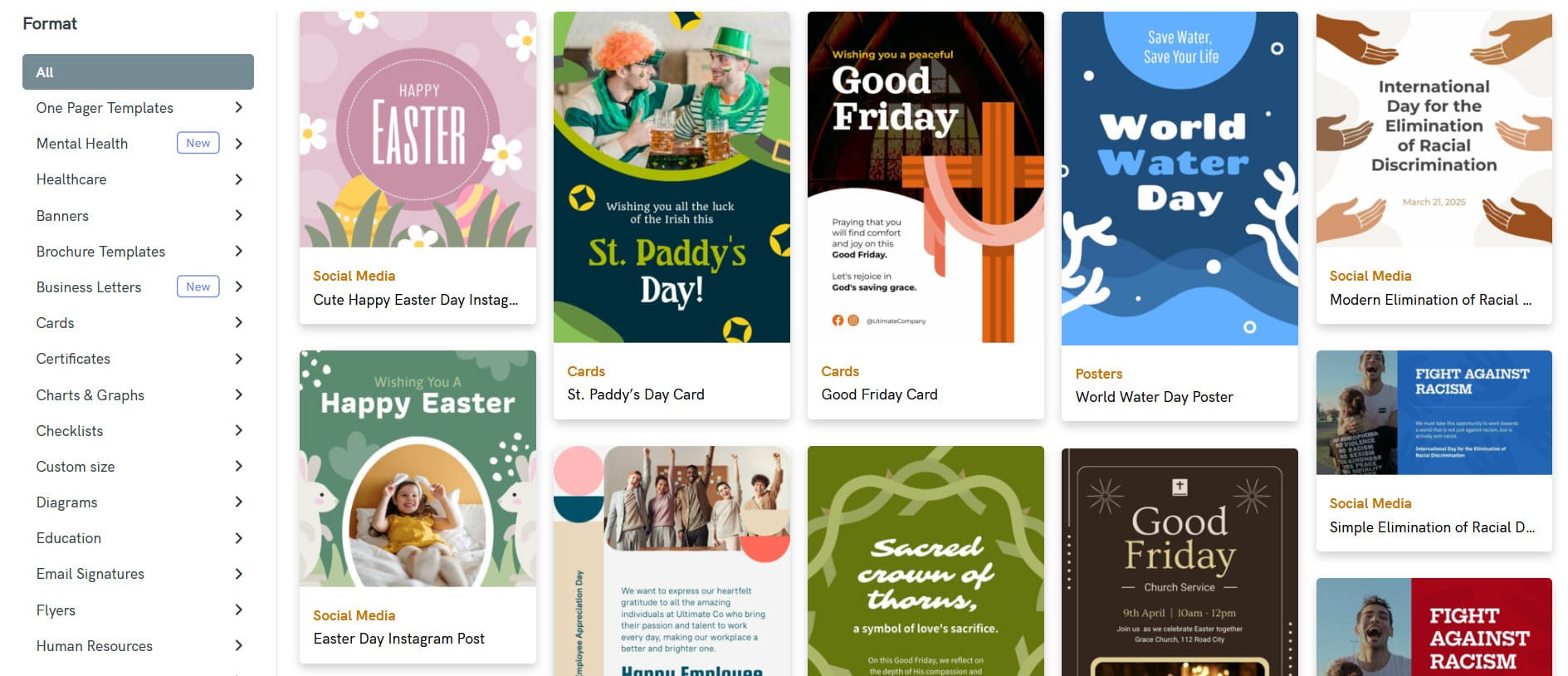 Example template selection in Piktochart