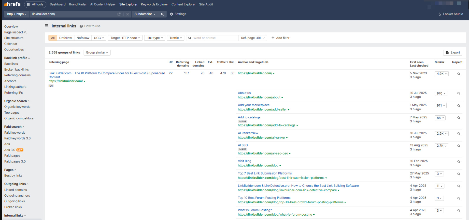 Раздел Internal links в инструменте Site Explorer от Ahrefs