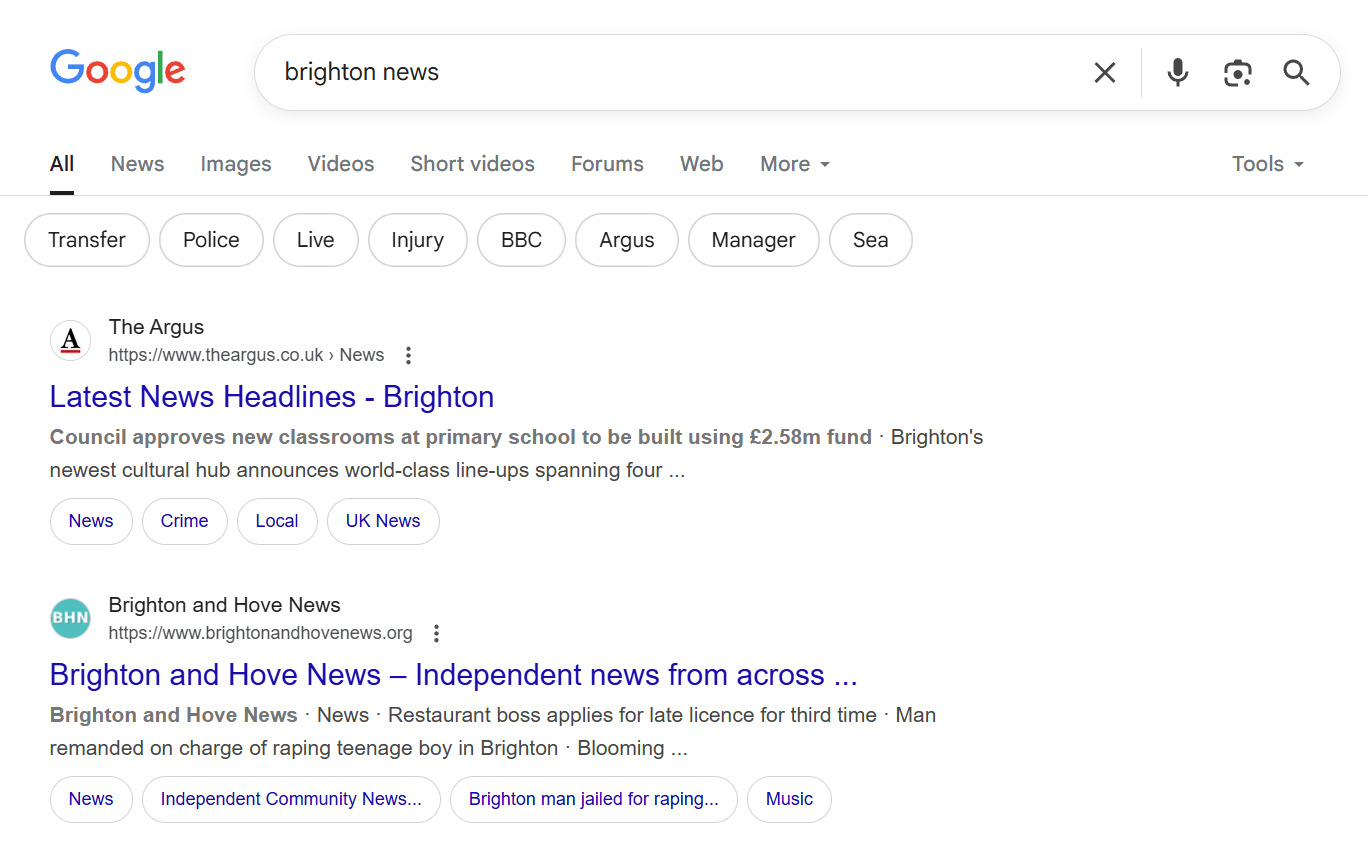 Результати пошуку Google за запитом «Brighton news»