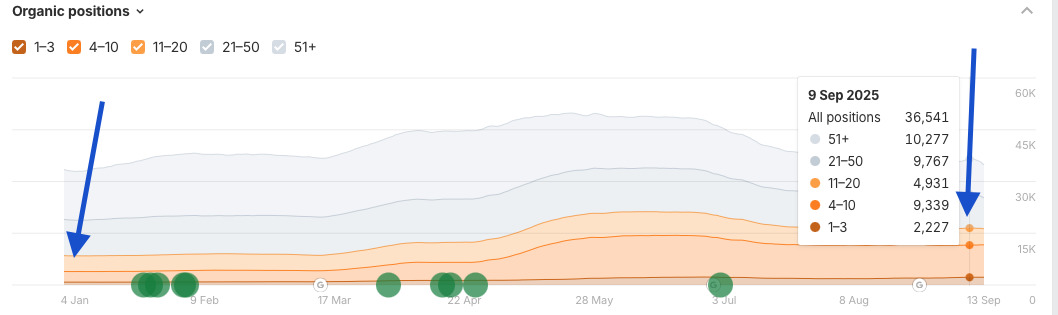 Organic search rankings growth Chart showing growth in organic search rankings