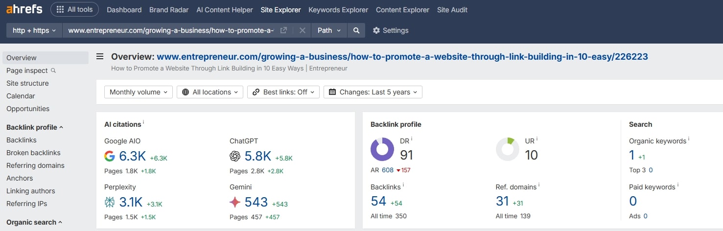 Аналіз статті Entrepreneur.com про лінкбілдинг в Ahrefs