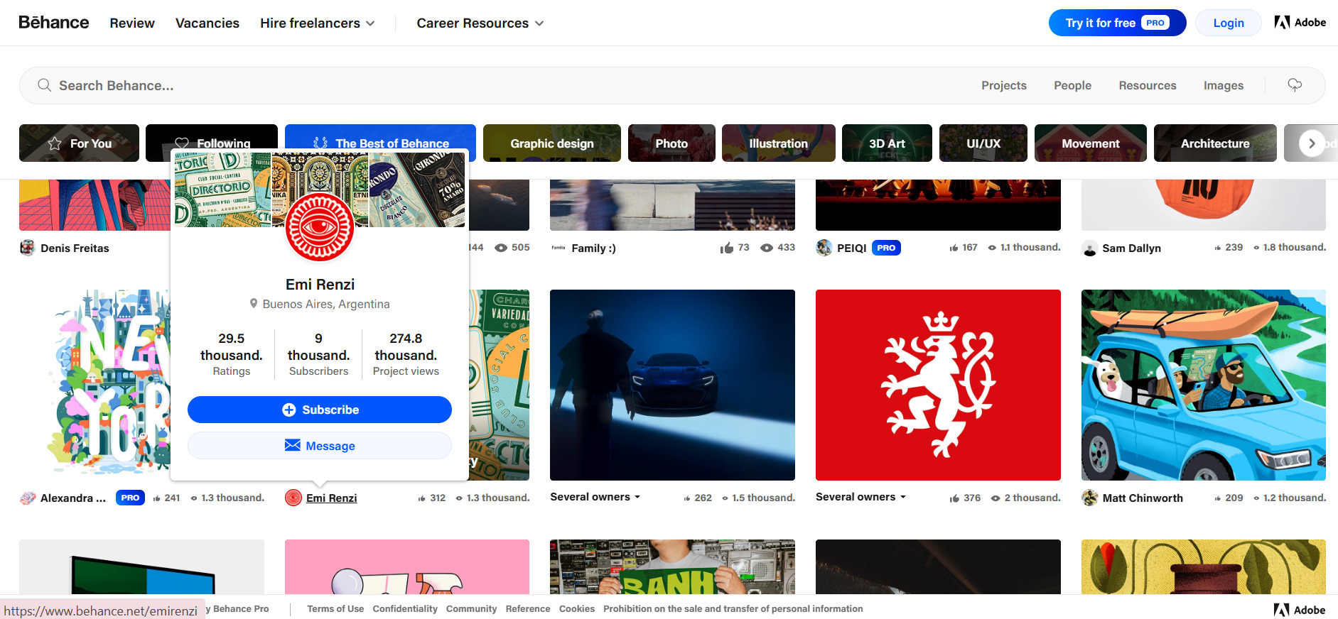 Example of a profile on the Best of Behance page