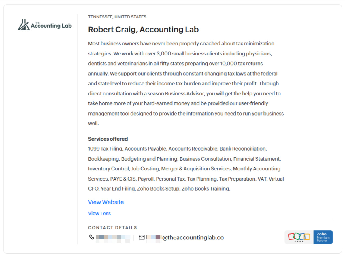 Example of a company profile description on Zoho