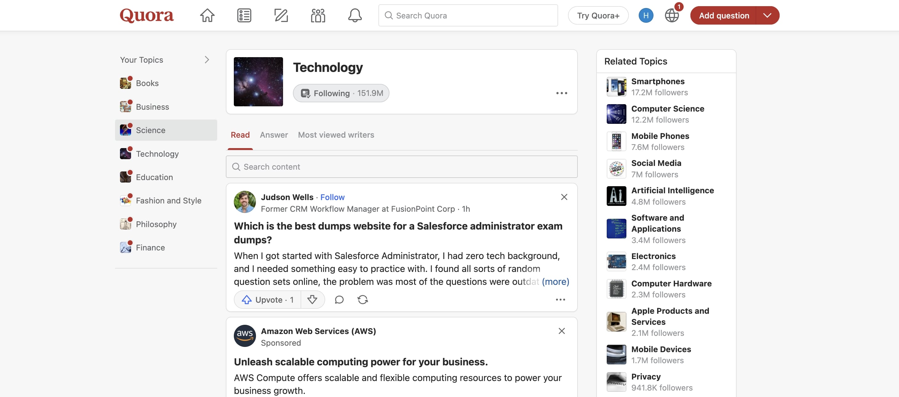 Quora page on Technology topic