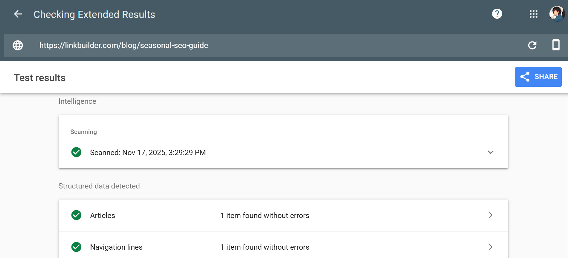 Checking markup via Google Rich Results Test Example of checking markup via Google Rich Results Test