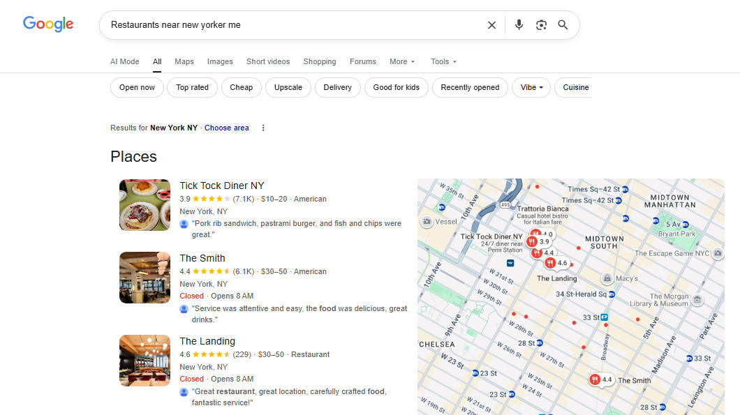 Local pack for restaurants in New York Local search results for restaurants in New York