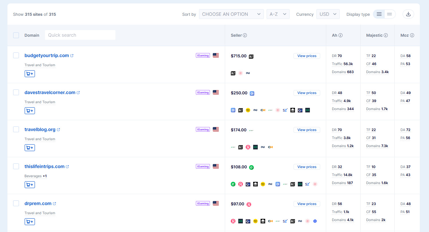 Example of searching for sites in the "Travel & Tourism" category