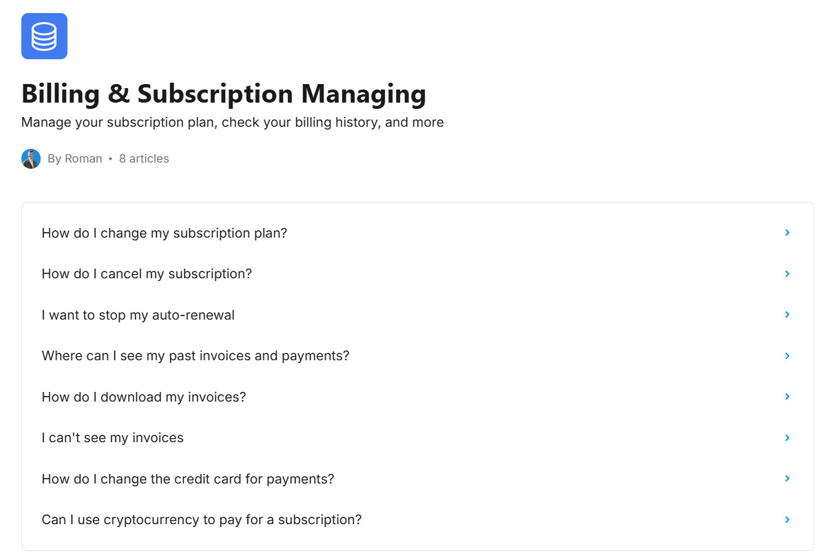 Раздел Support по теме «Billing & Subscription» Раздел Support с часто задаваемыми вопросами по теме «Billing & Subscription»