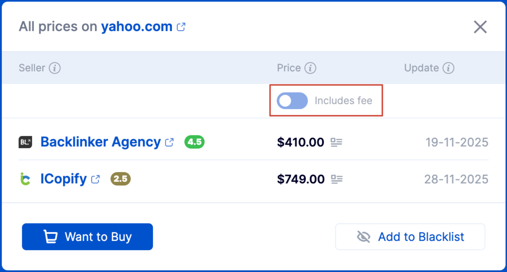 Перемикач Includes fee Тумблер Includes fee