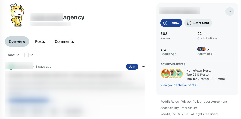Example of corporate account promotion on Reddit