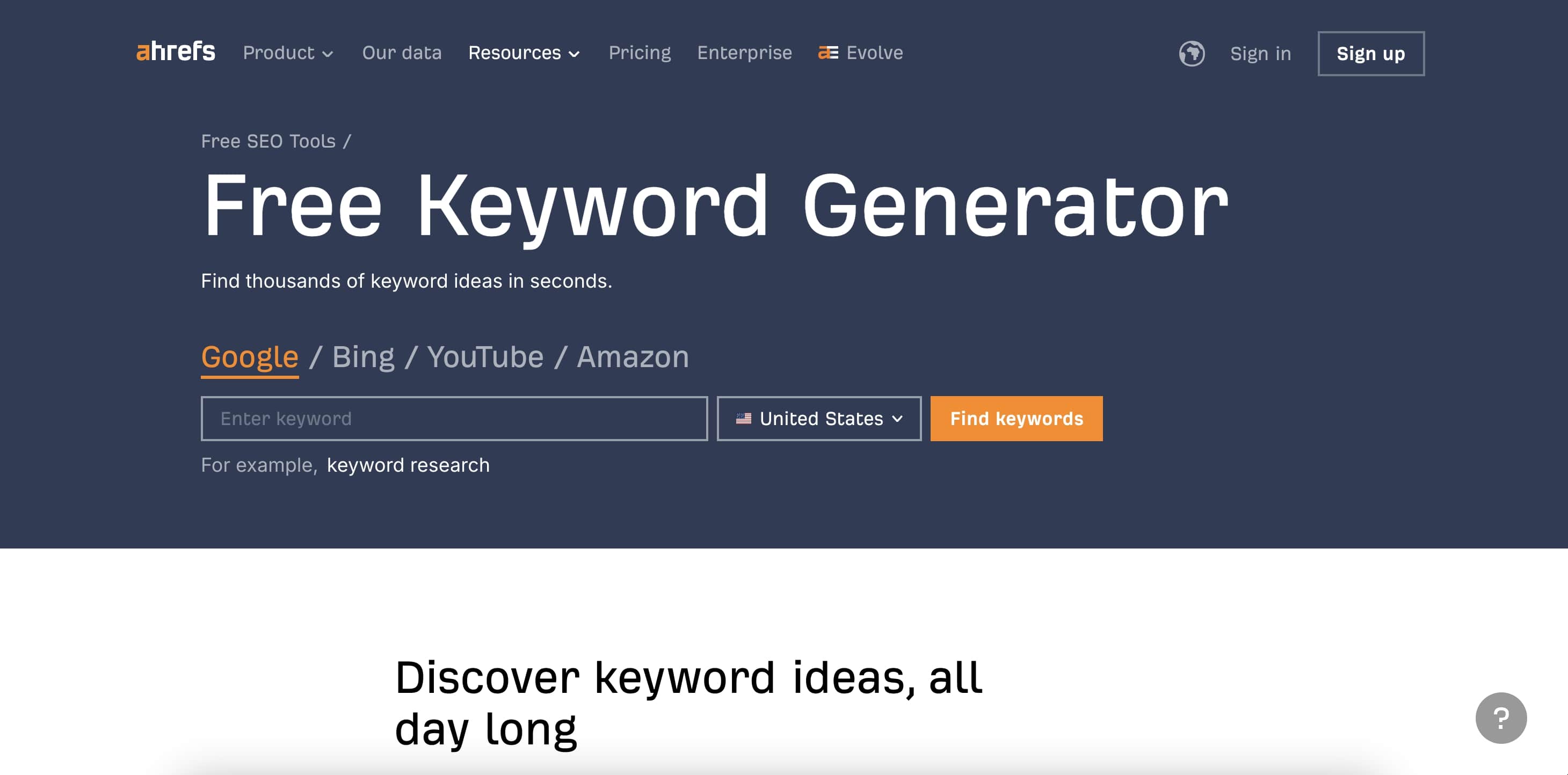 Скриншот Ahrefs Free Keywords Generator – генератор ідей для ключових слів