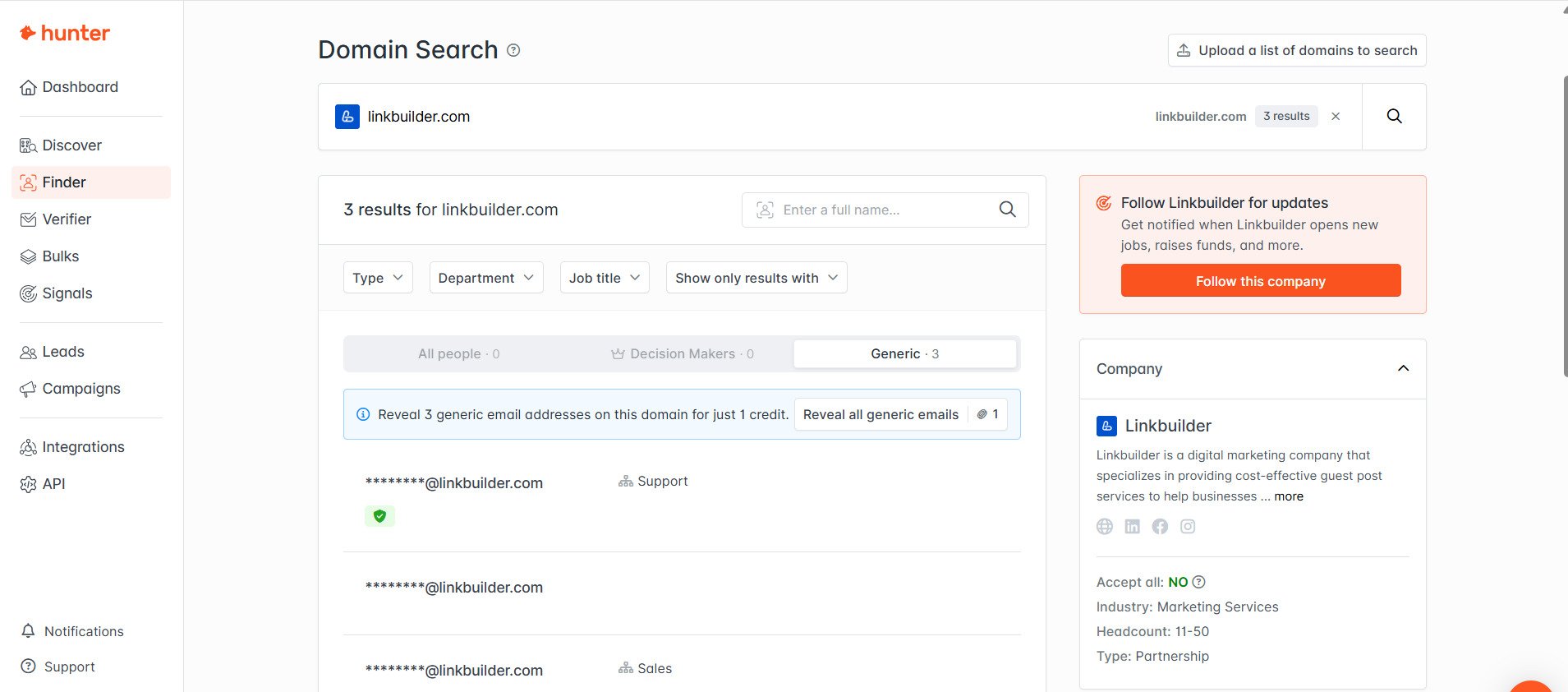 Hunter for link building