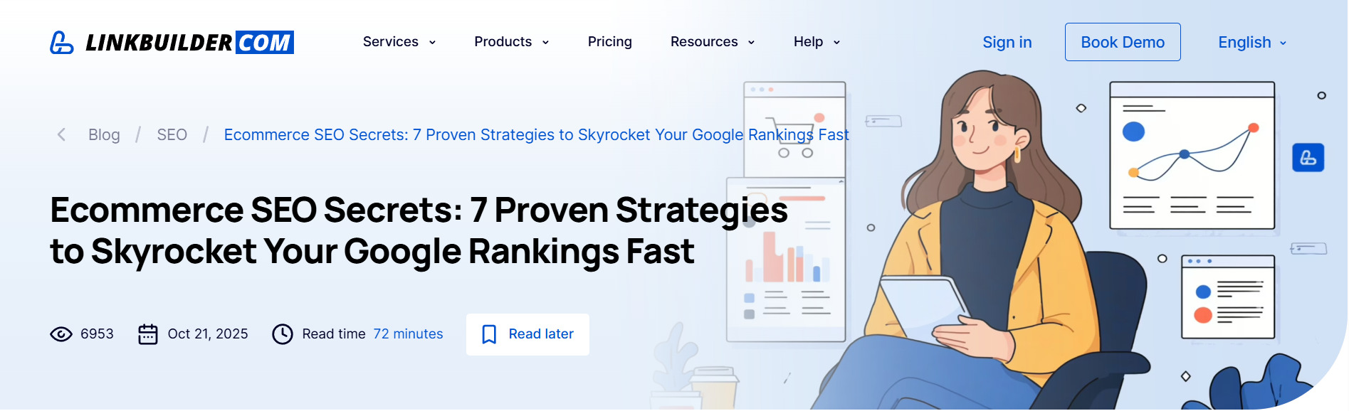 Example &ndash; an informational post in our blog called &ldquo;Ecommerce SEO Secrets: 7 Proven Strategies to Skyrocket Your Google Rankings Fast&rdquo;
