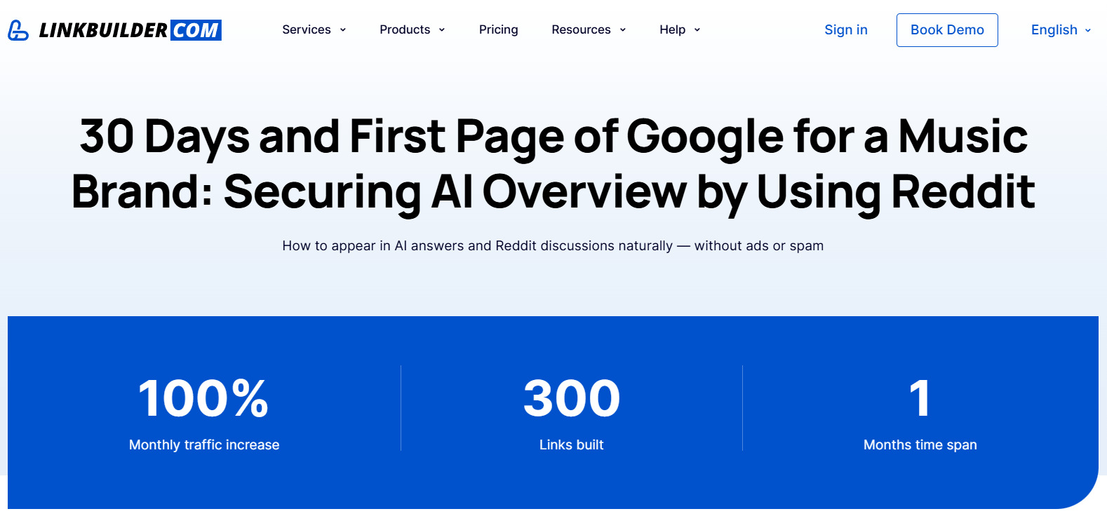 Example &ndash; a case study called &ldquo;30 Days and First Page of Google for a Music Brand: Securing AI Overview by Using Reddit&rdquo;