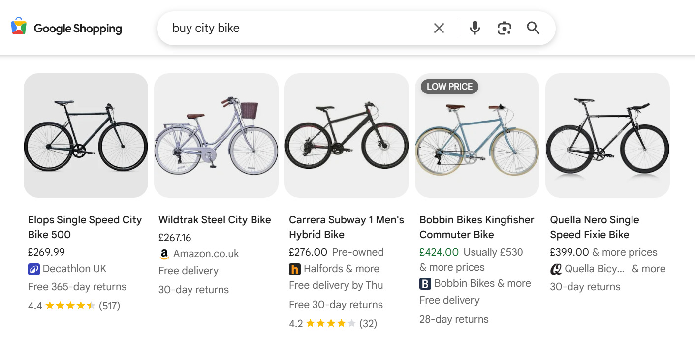 Example &ndash; search results showing product cards for &ldquo;buy city bike&rdquo;
