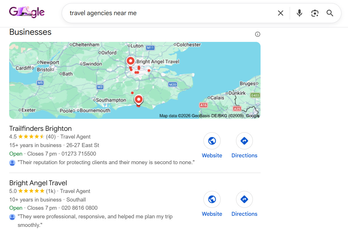 Local pack for travel agencies in Brighton A local search results page for travel agencies in Brighton