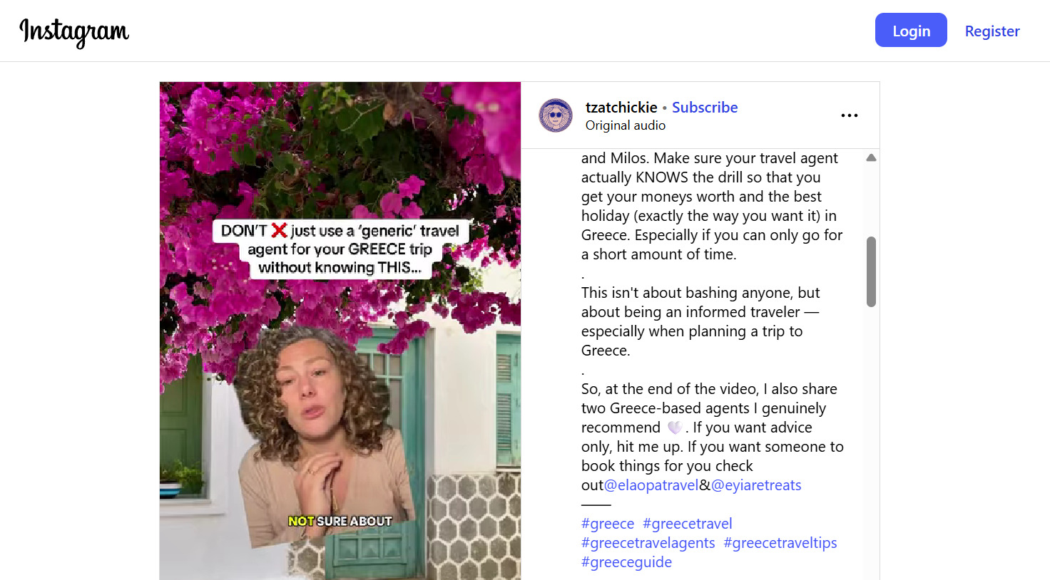 Instagram post from @tzatchickie about choosing a travel agency Example – Instagram post from @tzatchickie about choosing a travel agency for Greece