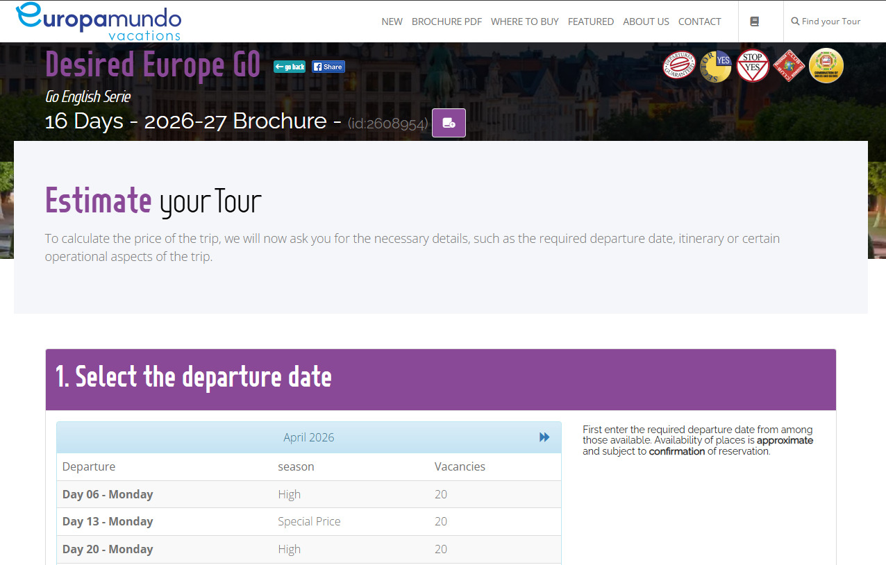 A tour cost calculator from Europamundo Example calculator – estimating tour cost in Europe from Europamundo