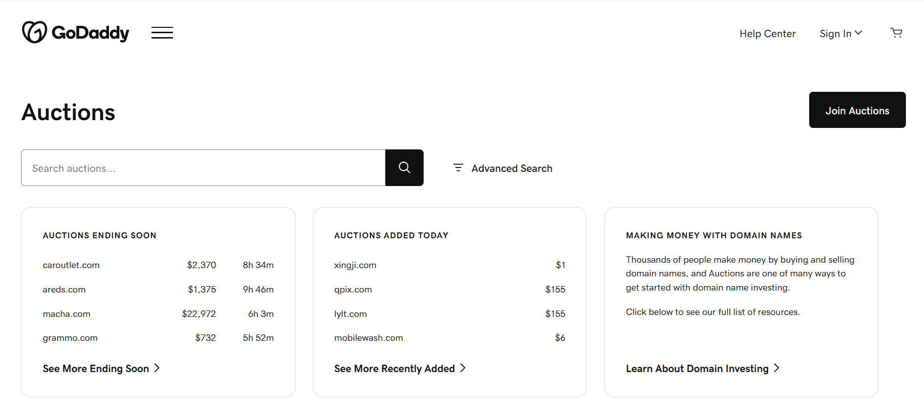 Auctions on GoDaddy Auctions