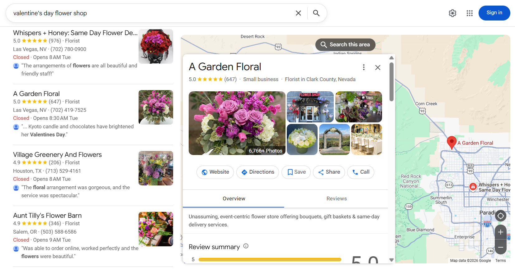 Example of a florist&rsquo;s Google Business Profile optimized for Valentine&rsquo;s day with offers and photos