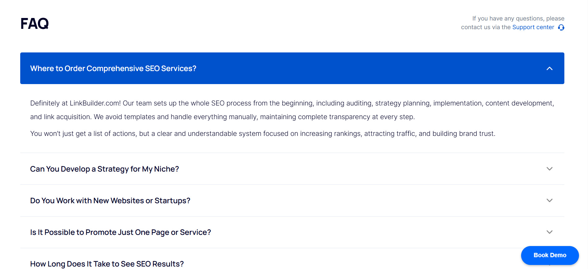 FAQ Block on LinkBuilder.com SEO Services Page