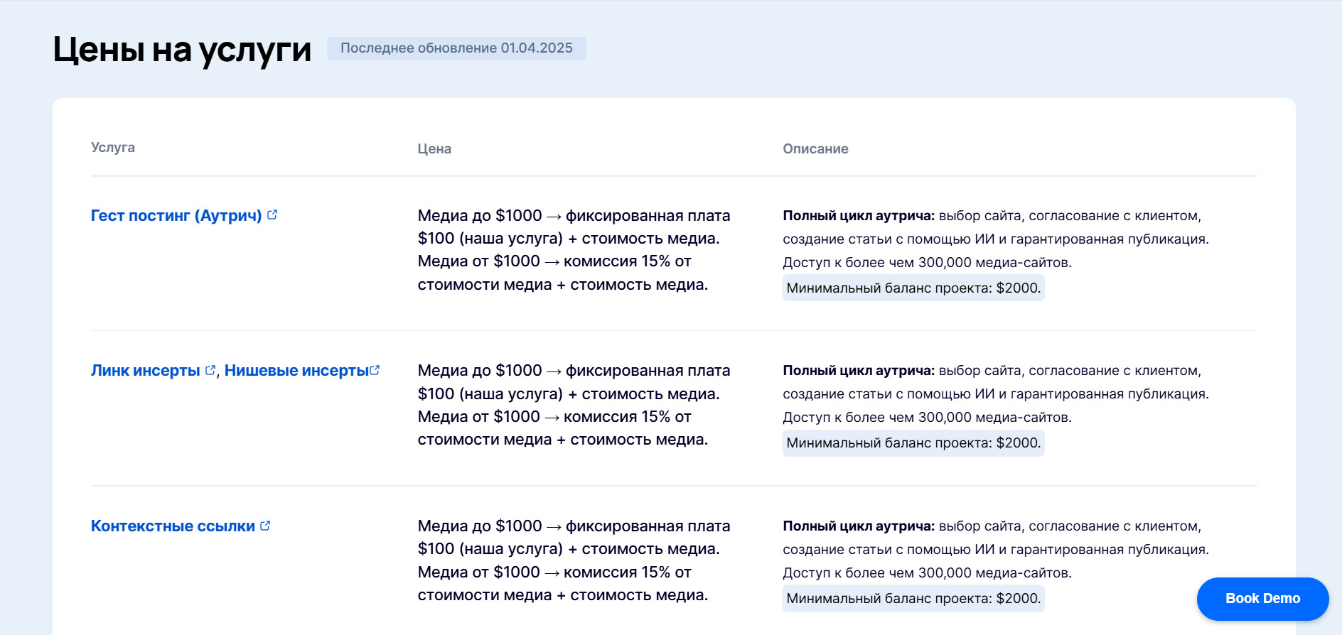 Цены на услуги SEO-продвижения в LinkBuilder.com
