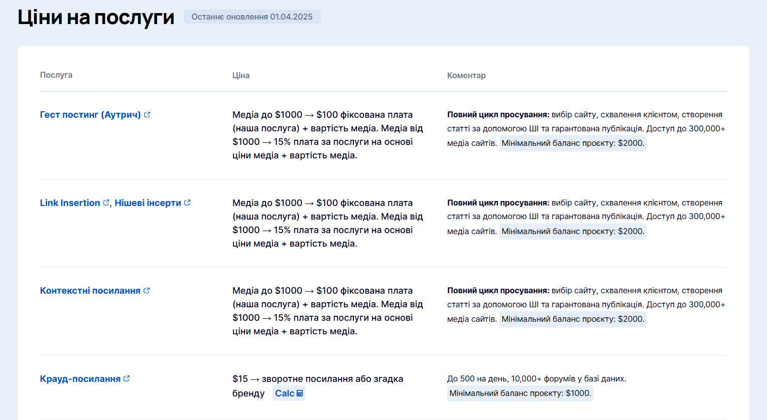 Ціни на послуги SEO-просування в LinkBuilder.com