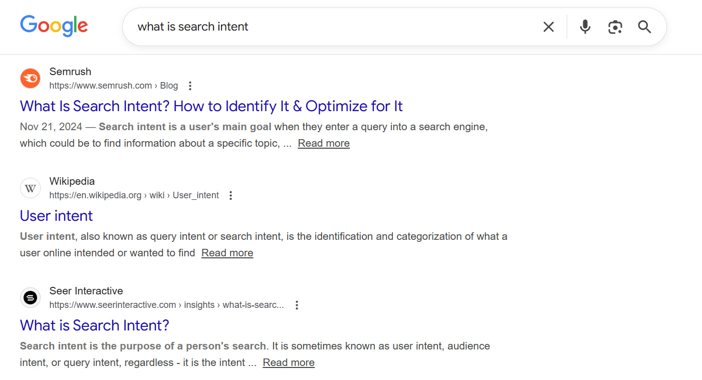 Example of informational intent &ndash; the query &ldquo;what is search intent&rdquo;