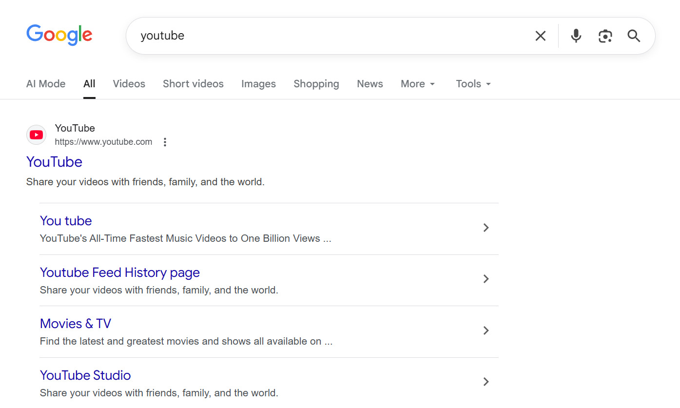 Example of navigational intent &ndash; the query &ldquo;YouTube&rdquo;
