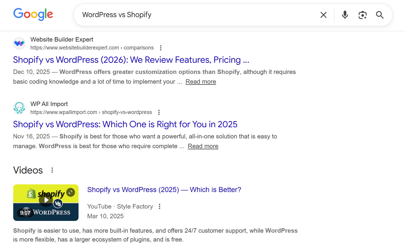 Example of commercial intent &ndash; the query &ldquo;WordPress vs Shopify&rdquo;