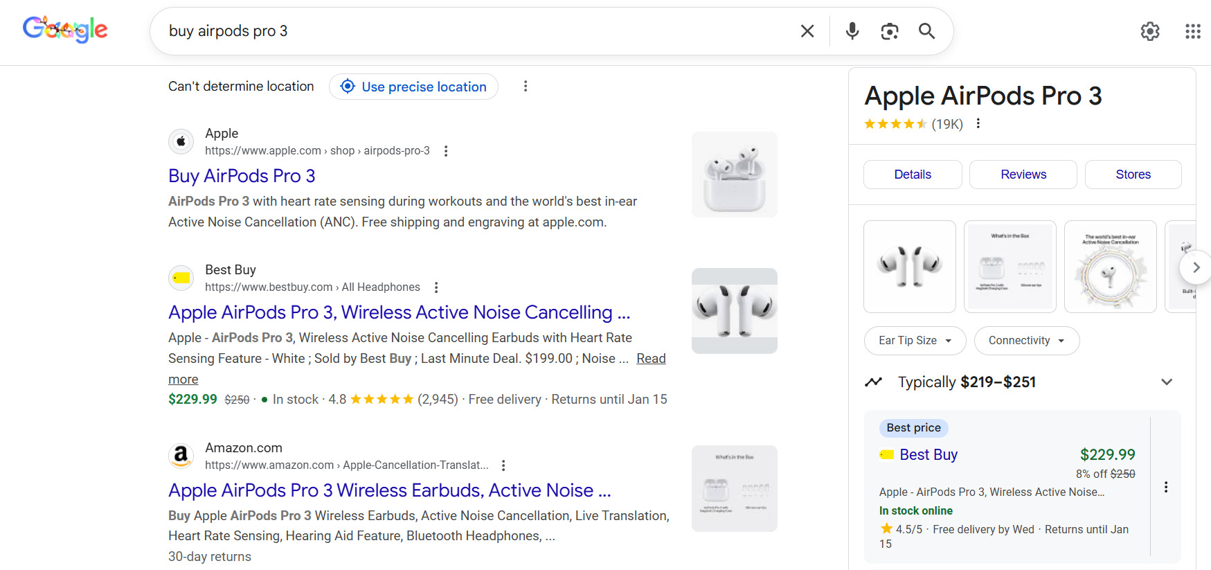 Example of transactional intent &ndash; the query &ldquo;buy AirPods Pro 3&rdquo;
