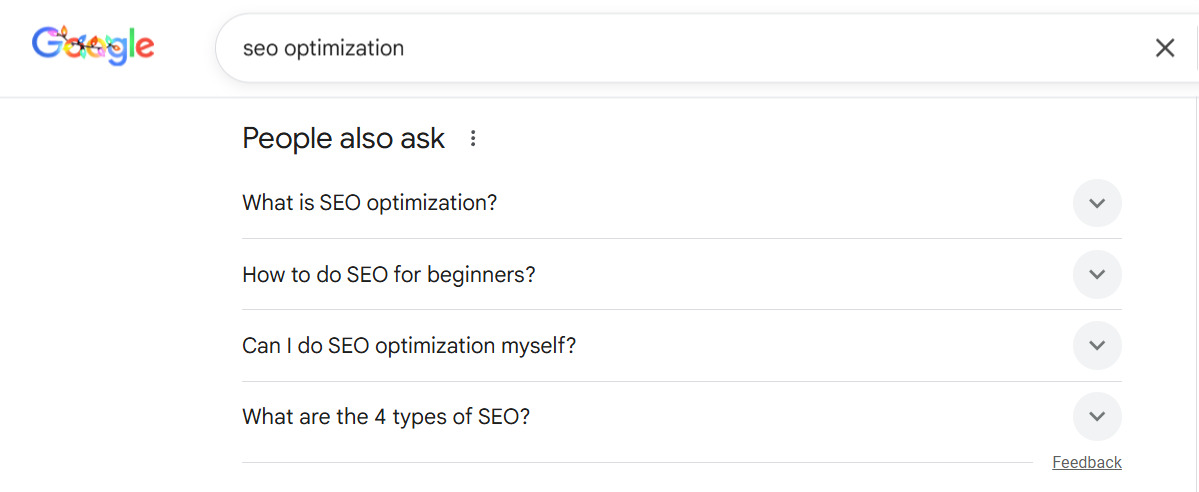 Example of informational intent &ndash; &ldquo;People Also Ask&rdquo; for &ldquo;SEO optimization&rdquo;